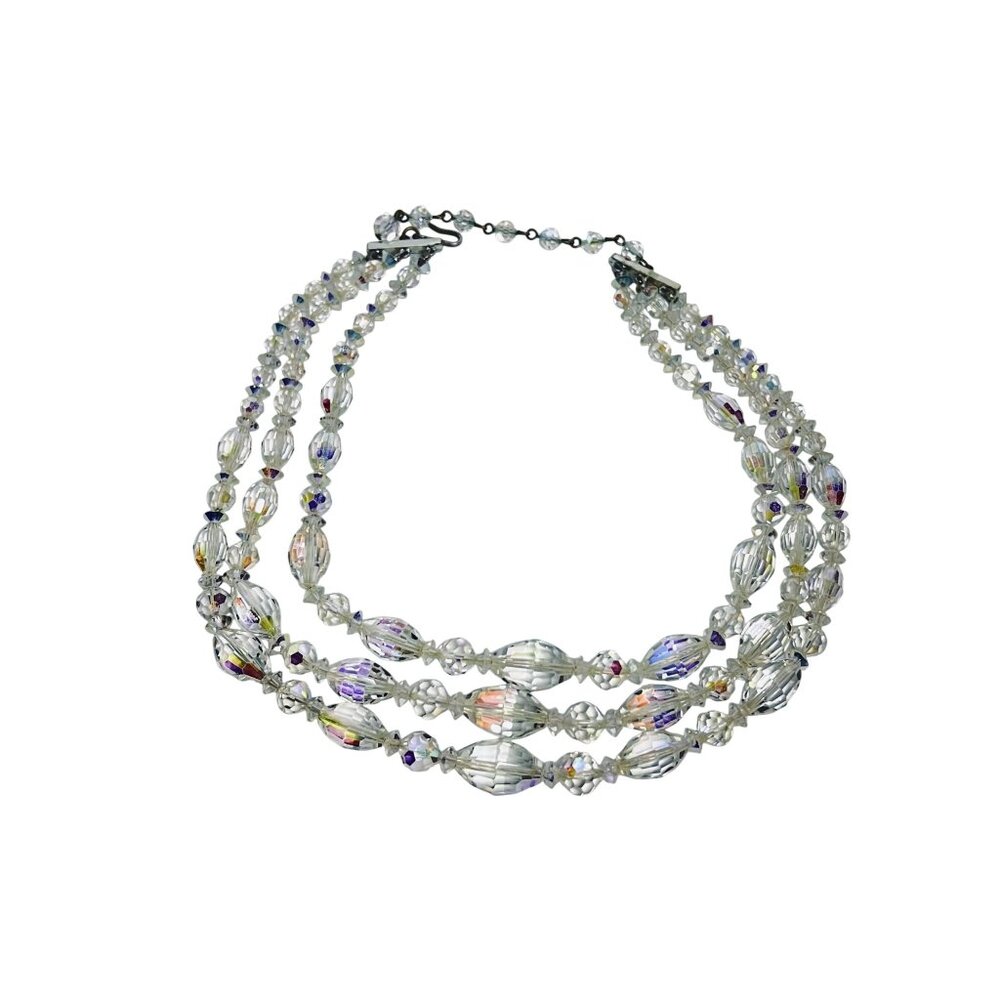 Vintage Triple Strand Aurora Borealis Rhinestone Beaded Necklace (6187) - Picture 8 of 8